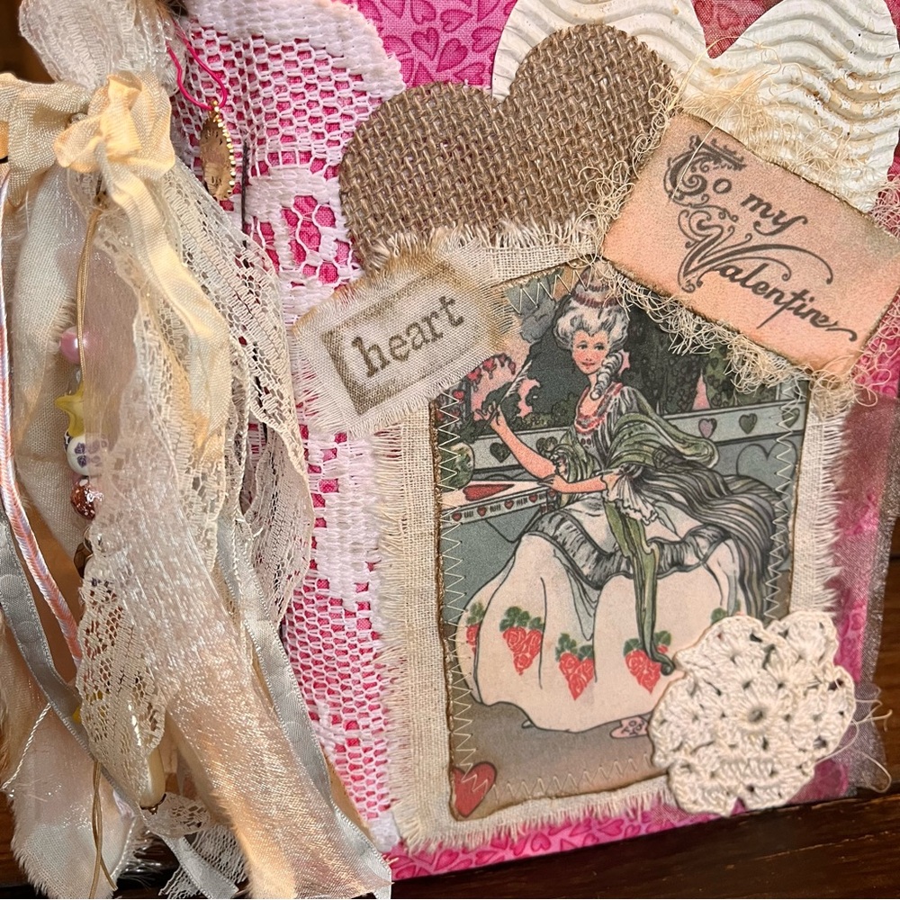 Valentine’s Junk Journal Pink Feminine Boho Grungy Lace Heart To My Valentine - Picture 5 of 16